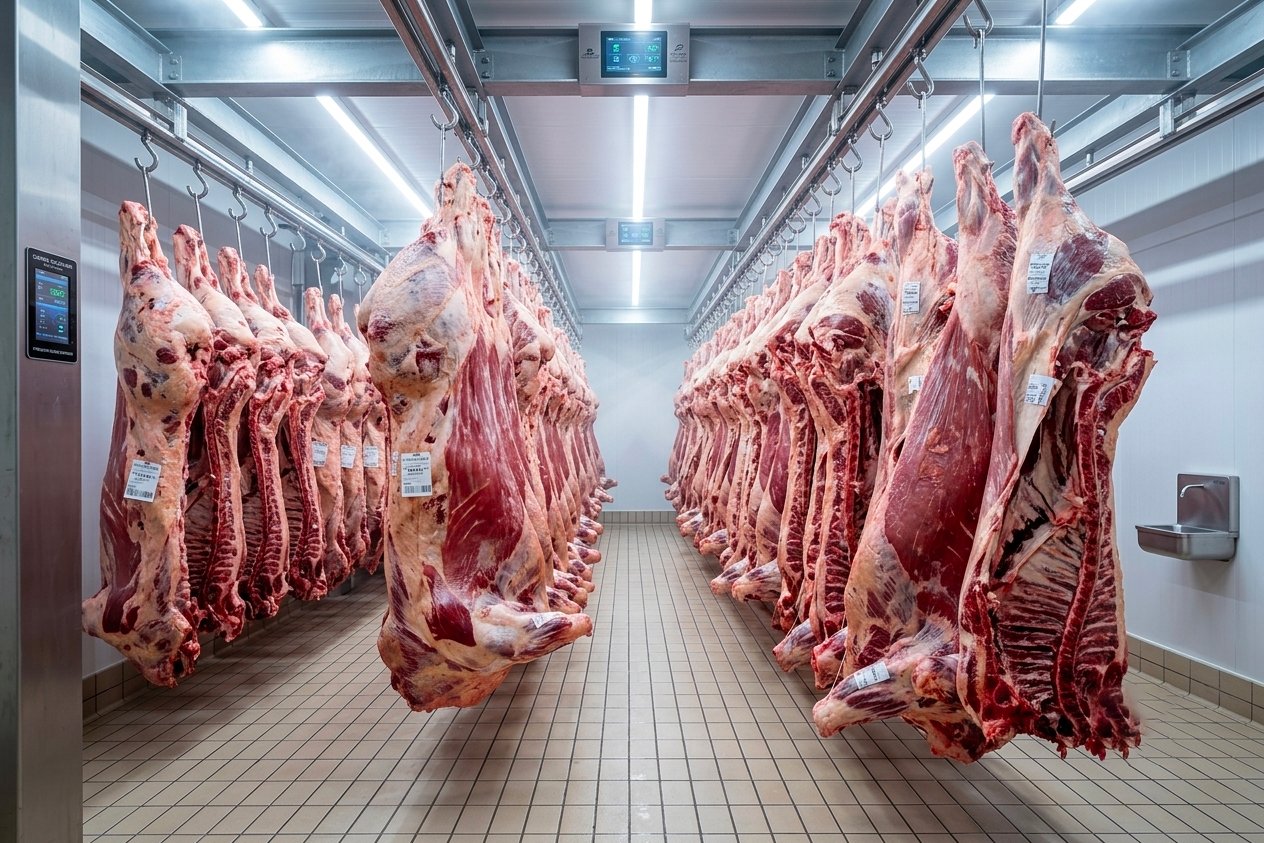 Carcasses de bœuf en chambre froide dans l'atelier Sauci'Sen